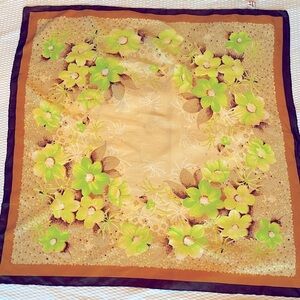 Scarf Green Brown Floral Hand rolled Edges Single Sided Asian Design